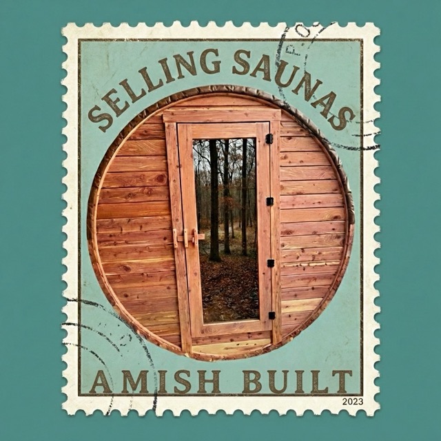 Selling Saunas — Amish Built vintage stamp branding featuring a Cedar Ridge barrel sauna