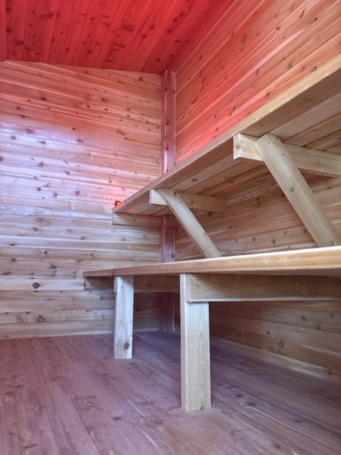Tiered cedar bench interior of a Cedar Ridge sauna with warm red accent lighting