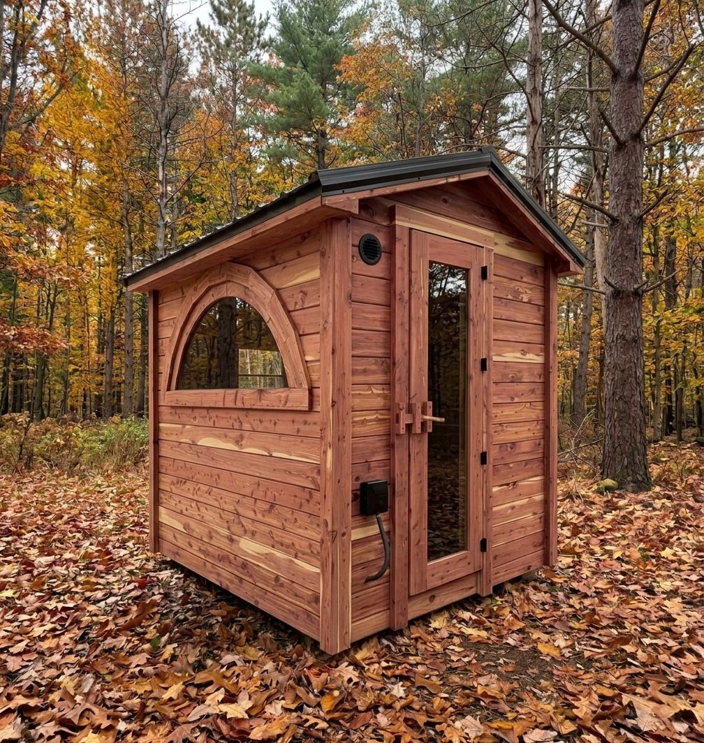 Cedar Ridge box-shaped sauna with peaked roof, arched side window, and glass door in an autumn forest