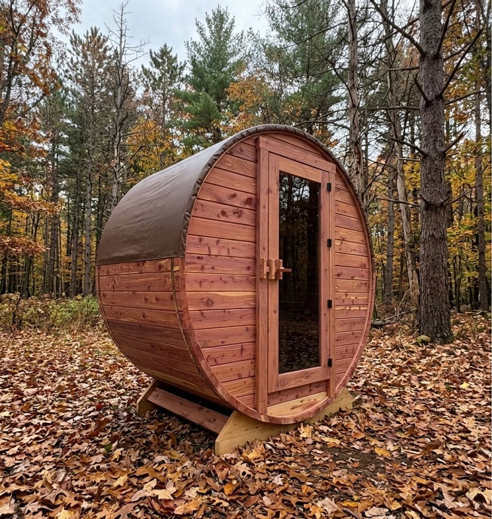 4'x8'x8' Cedar Ridge barrel sauna in a forest clearing with natural cedar finish and glass door