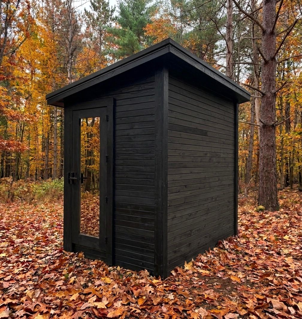 Cedar Ridge box-shaped sauna with black exterior and full glass panel door in an autumn forest