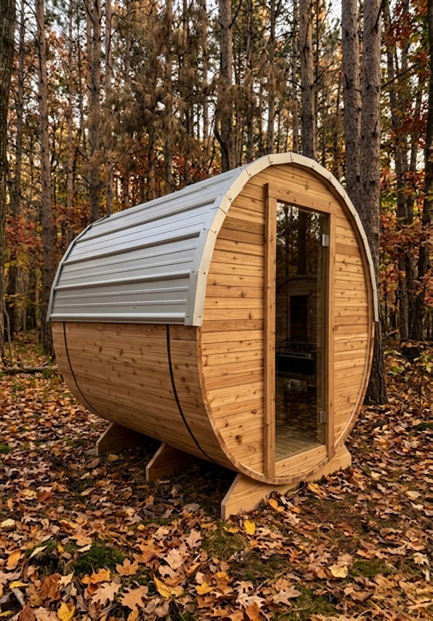 6'x8'x8' Cedar Ridge barrel sauna with metal roof and open glass door in a pine forest