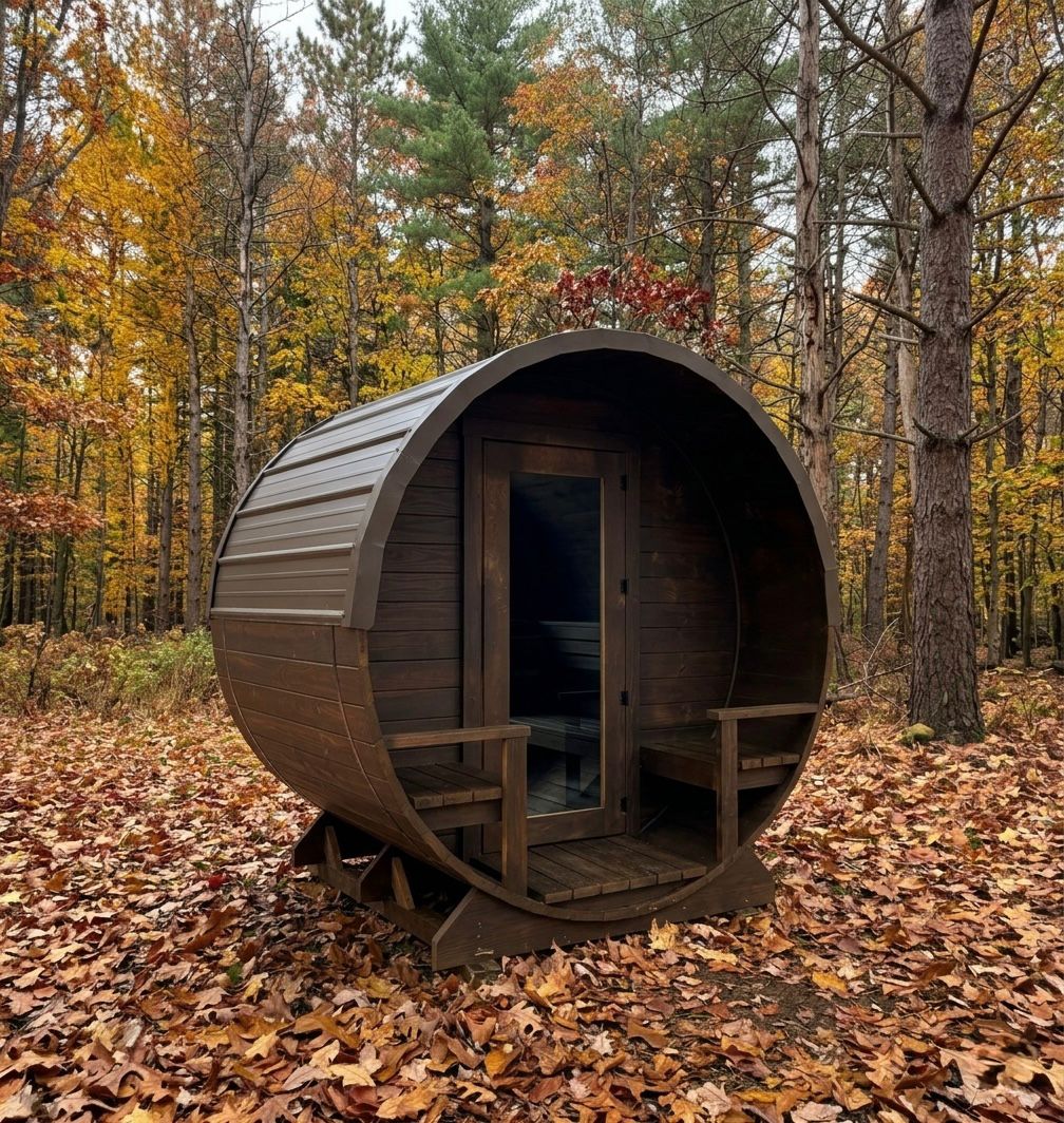 6'x8'x8' Cedar Ridge barrel sauna with outdoor entry porch and dark stain finish in an autumn forest