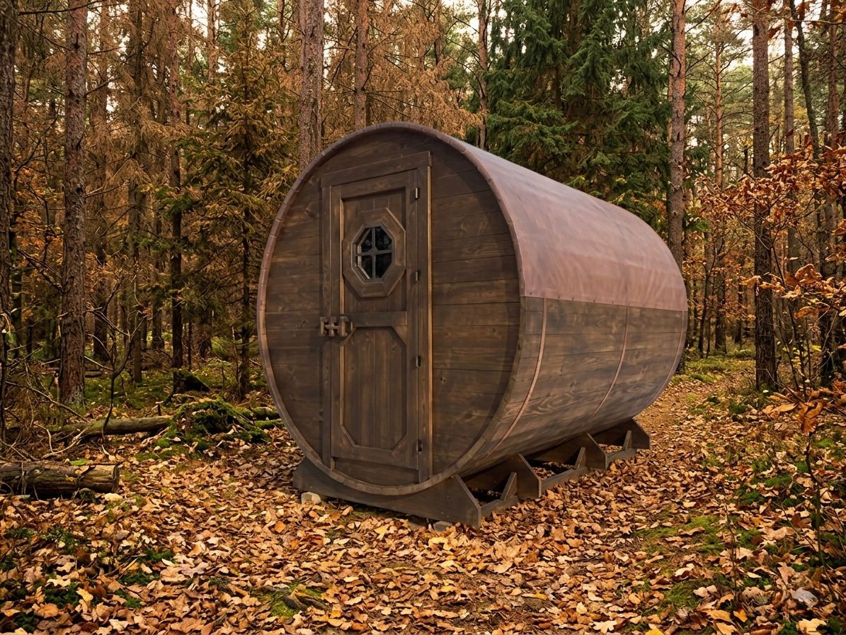 8'x8'x8' Cedar Ridge barrel sauna with dark stain finish and octagonal window door in an autumn forest